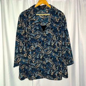 Elementz Woman Grey-Blue, Tan, Black & Teal Fern Pattern Mock Layer 3/4 Sleeve